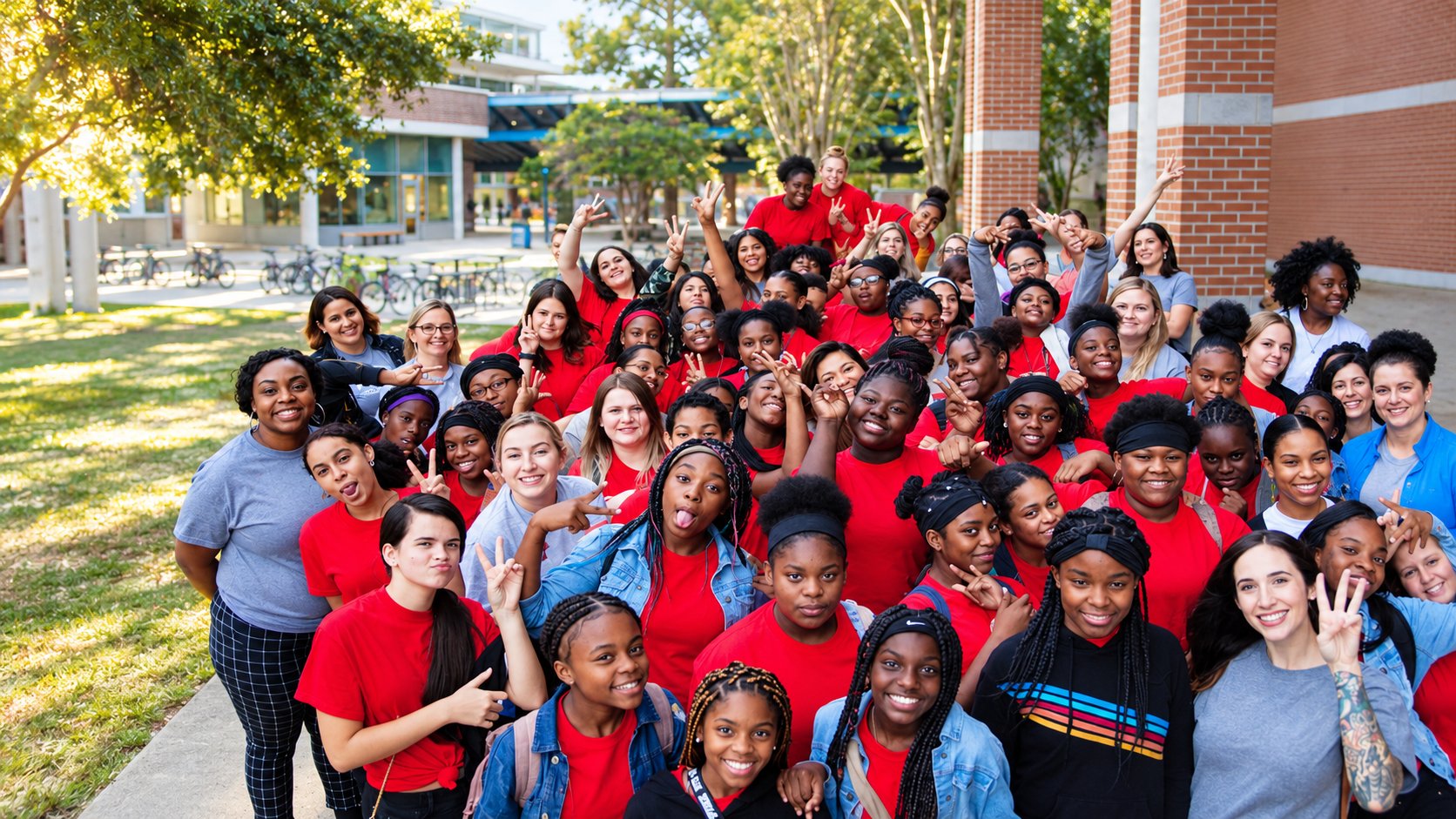 Dozens of Generation WOW girls in red shirts cheering together on campus